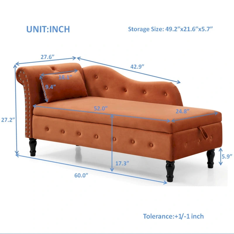 Chaise longue capitonnée en velours orange de 152 cm | Fauteuil d'appoint pour salon