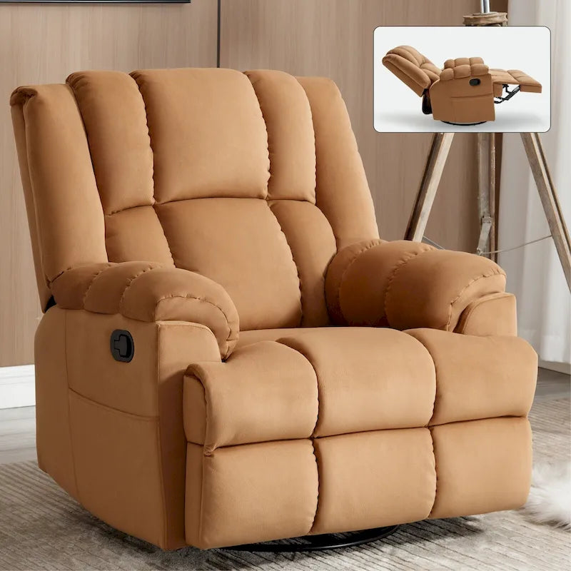 Fauteuil inclinable manuel vert surdimensionné | Pivotant à 360°, à bascule, rembourrage en tissu, salon
