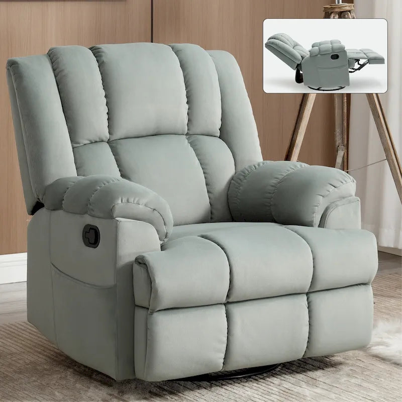 Fauteuil inclinable manuel vert surdimensionné | Pivotant à 360°, à bascule, rembourrage en tissu, salon