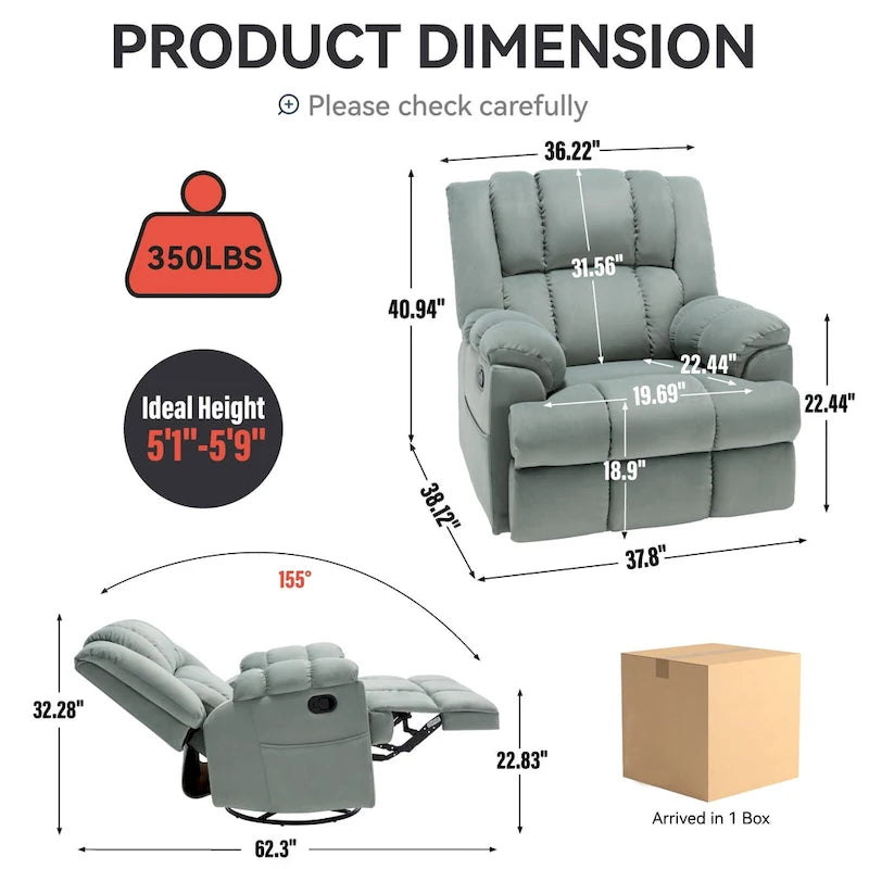 Fauteuil inclinable manuel vert surdimensionné | Pivotant à 360°, à bascule, rembourrage en tissu, salon