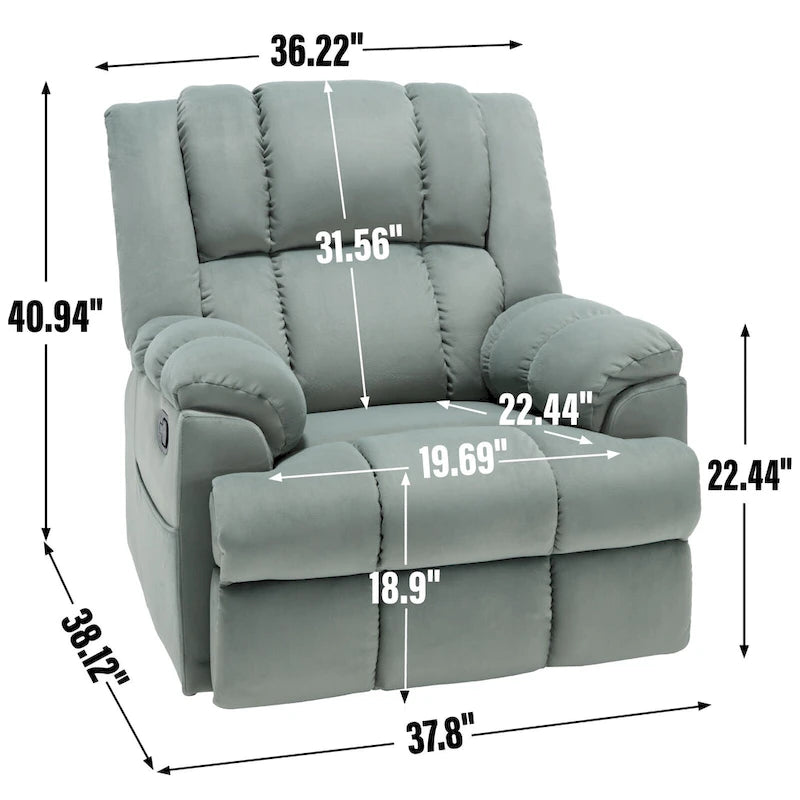 Fauteuil inclinable manuel vert surdimensionné | Pivotant à 360°, à bascule, rembourrage en tissu, salon