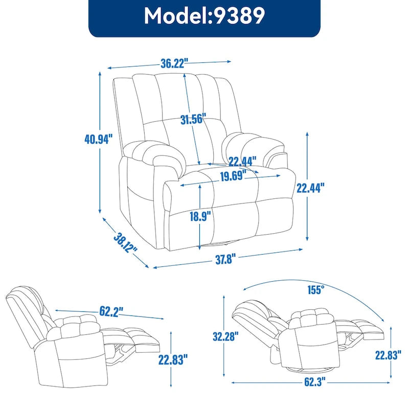 Fauteuil inclinable manuel vert surdimensionné | Pivotant à 360°, à bascule, rembourrage en tissu, salon