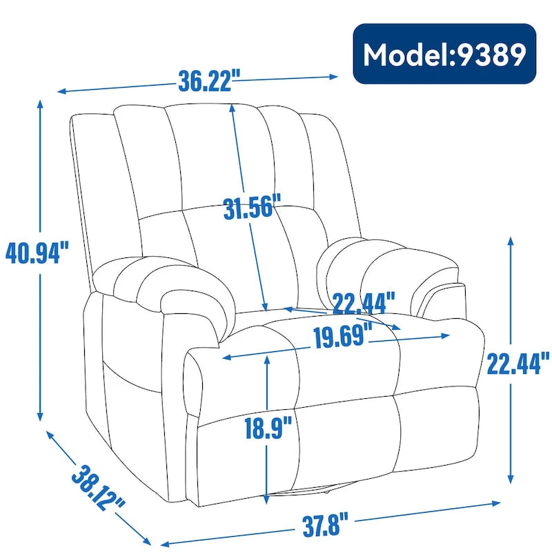 Fauteuil inclinable manuel vert surdimensionné | Pivotant à 360°, à bascule, rembourrage en tissu, salon