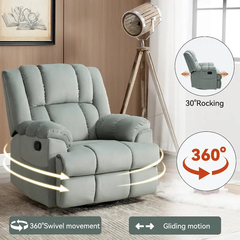 Fauteuil inclinable manuel vert surdimensionné | Pivotant à 360°, à bascule, rembourrage en tissu, salon