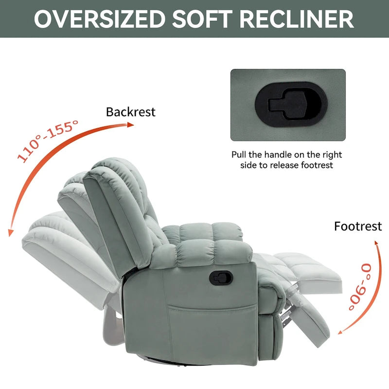 Fauteuil inclinable manuel vert surdimensionné | Pivotant à 360°, à bascule, rembourrage en tissu, salon