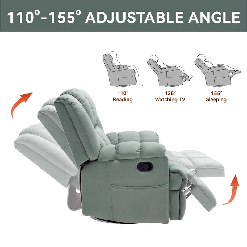 Fauteuil inclinable manuel vert surdimensionné | Pivotant à 360°, à bascule, rembourrage en tissu, salon