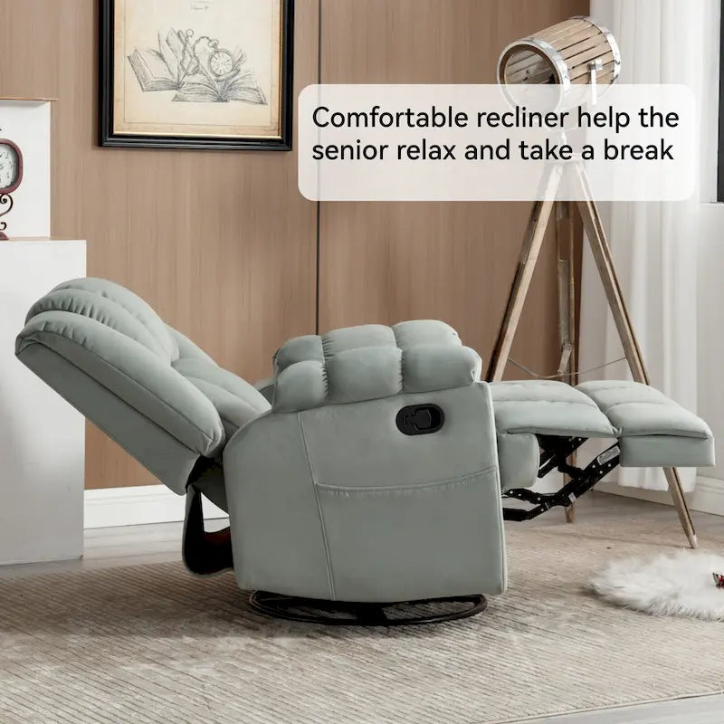 Fauteuil inclinable manuel vert surdimensionné | Pivotant à 360°, à bascule, rembourrage en tissu, salon