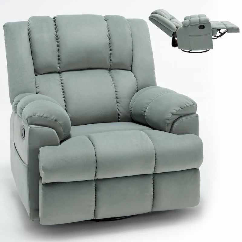 Fauteuil inclinable manuel vert surdimensionné | Pivotant à 360°, à bascule, rembourrage en tissu, salon