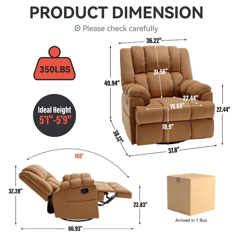 Fauteuil inclinable manuel vert surdimensionné | Pivotant à 360°, à bascule, rembourrage en tissu, salon