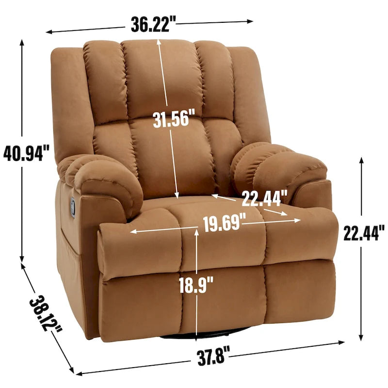 Fauteuil inclinable manuel vert surdimensionné | Pivotant à 360°, à bascule, rembourrage en tissu, salon