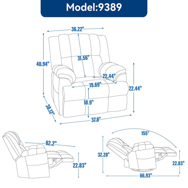 Fauteuil inclinable manuel vert surdimensionné | Pivotant à 360°, à bascule, rembourrage en tissu, salon