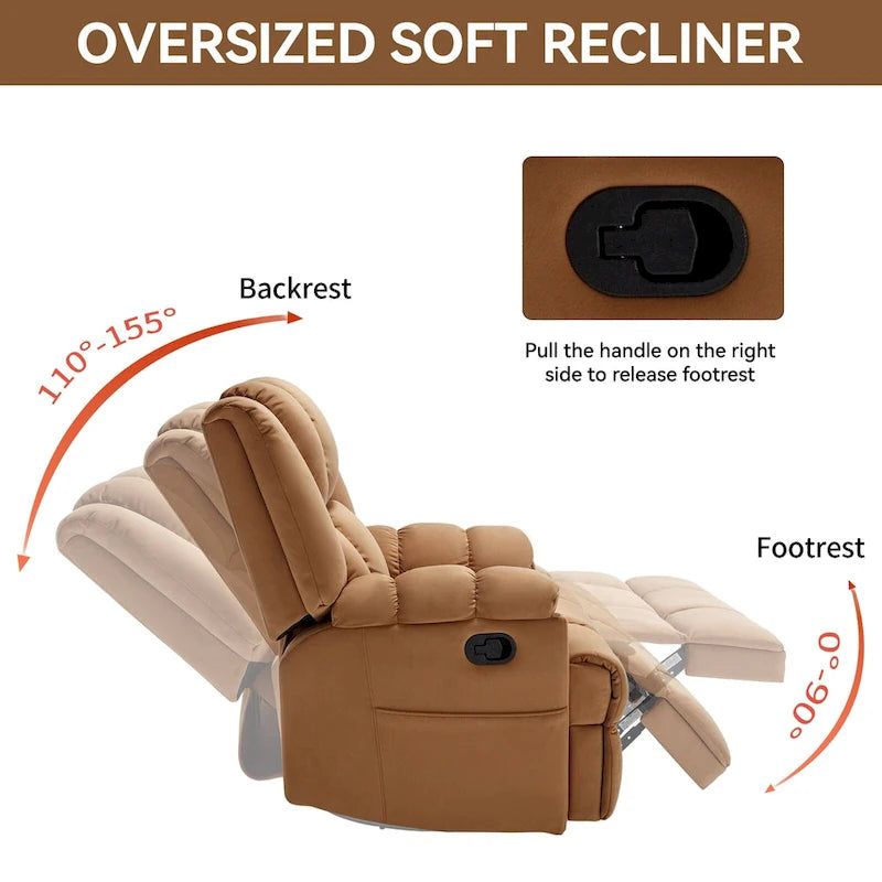 Fauteuil inclinable manuel vert surdimensionné | Pivotant à 360°, à bascule, rembourrage en tissu, salon