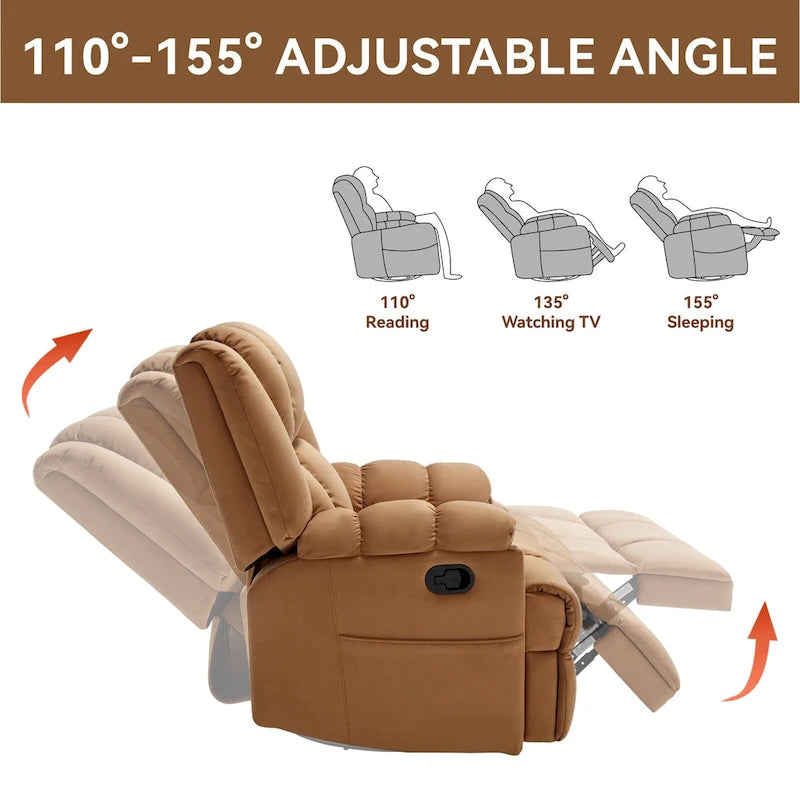 Fauteuil inclinable manuel vert surdimensionné | Pivotant à 360°, à bascule, rembourrage en tissu, salon