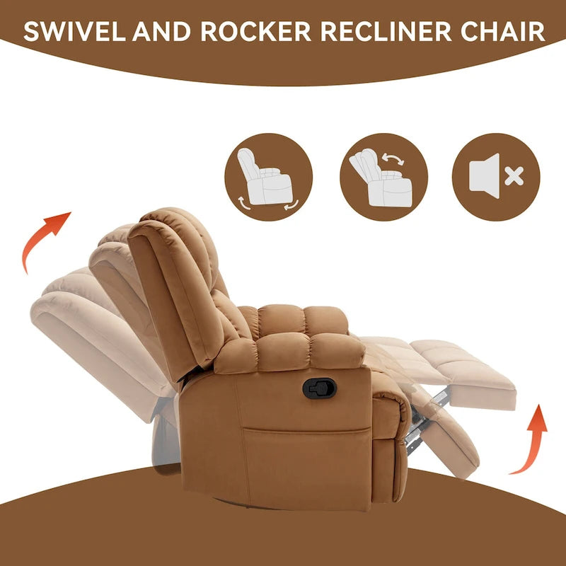 Fauteuil inclinable manuel vert surdimensionné | Pivotant à 360°, à bascule, rembourrage en tissu, salon