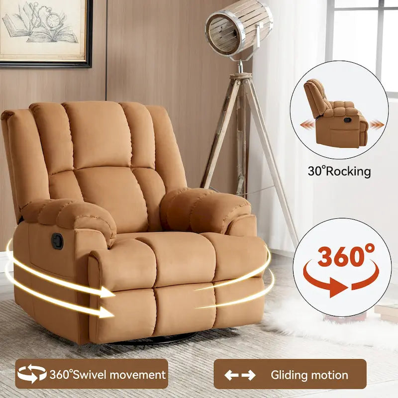 Fauteuil inclinable manuel vert surdimensionné | Pivotant à 360°, à bascule, rembourrage en tissu, salon