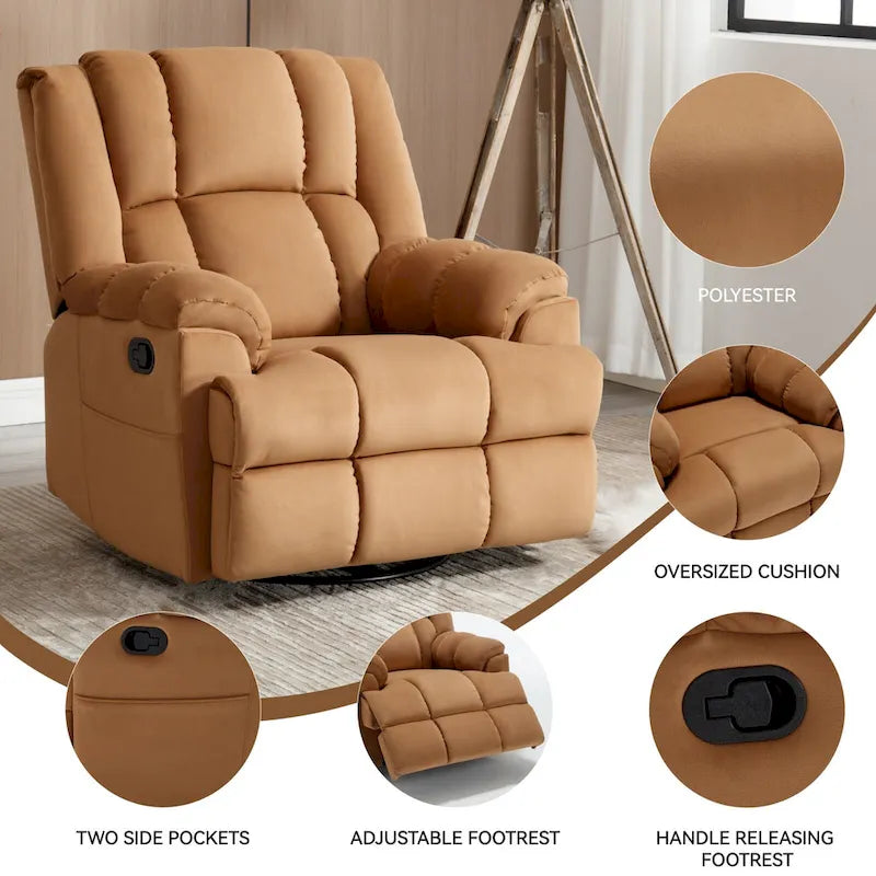 Fauteuil inclinable manuel vert surdimensionné | Pivotant à 360°, à bascule, rembourrage en tissu, salon