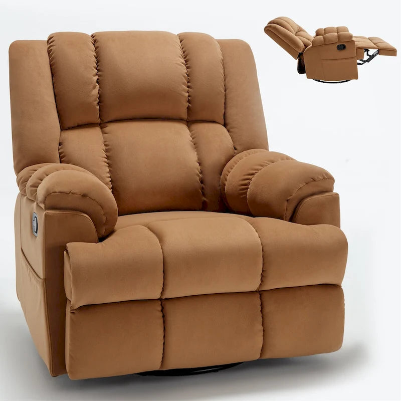 Fauteuil inclinable manuel vert surdimensionné | Pivotant à 360°, à bascule, rembourrage en tissu, salon
