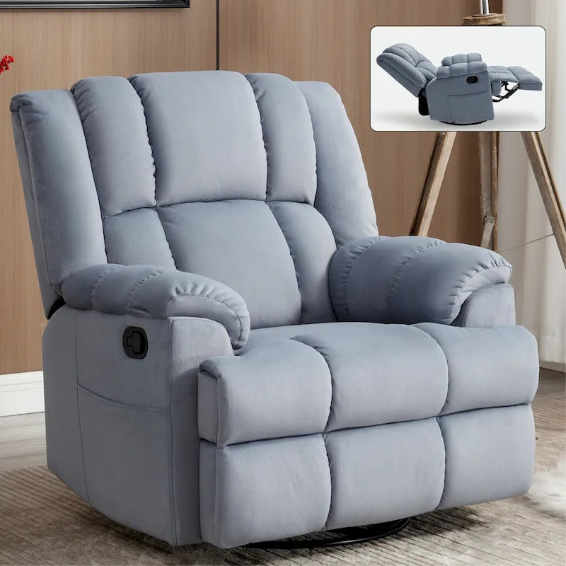 Fauteuil inclinable manuel vert surdimensionné | Pivotant à 360°, à bascule, rembourrage en tissu, salon