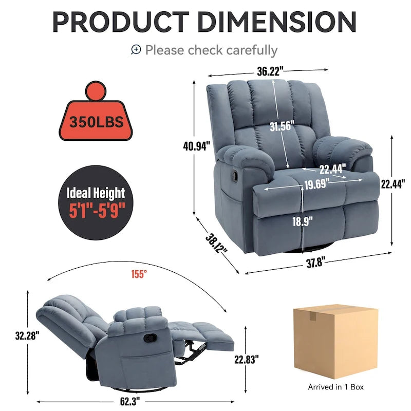 Fauteuil inclinable manuel vert surdimensionné | Pivotant à 360°, à bascule, rembourrage en tissu, salon
