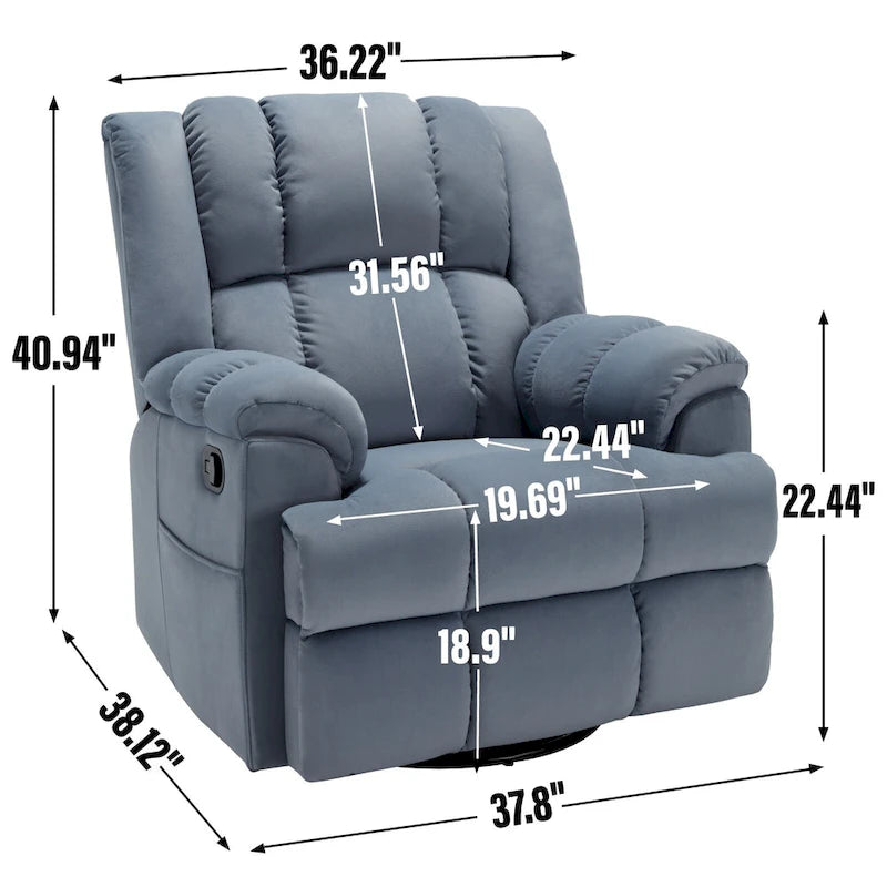 Fauteuil inclinable manuel vert surdimensionné | Pivotant à 360°, à bascule, rembourrage en tissu, salon