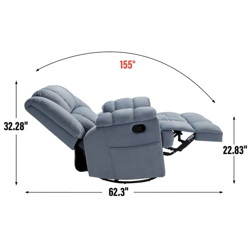 Fauteuil inclinable manuel vert surdimensionné | Pivotant à 360°, à bascule, rembourrage en tissu, salon