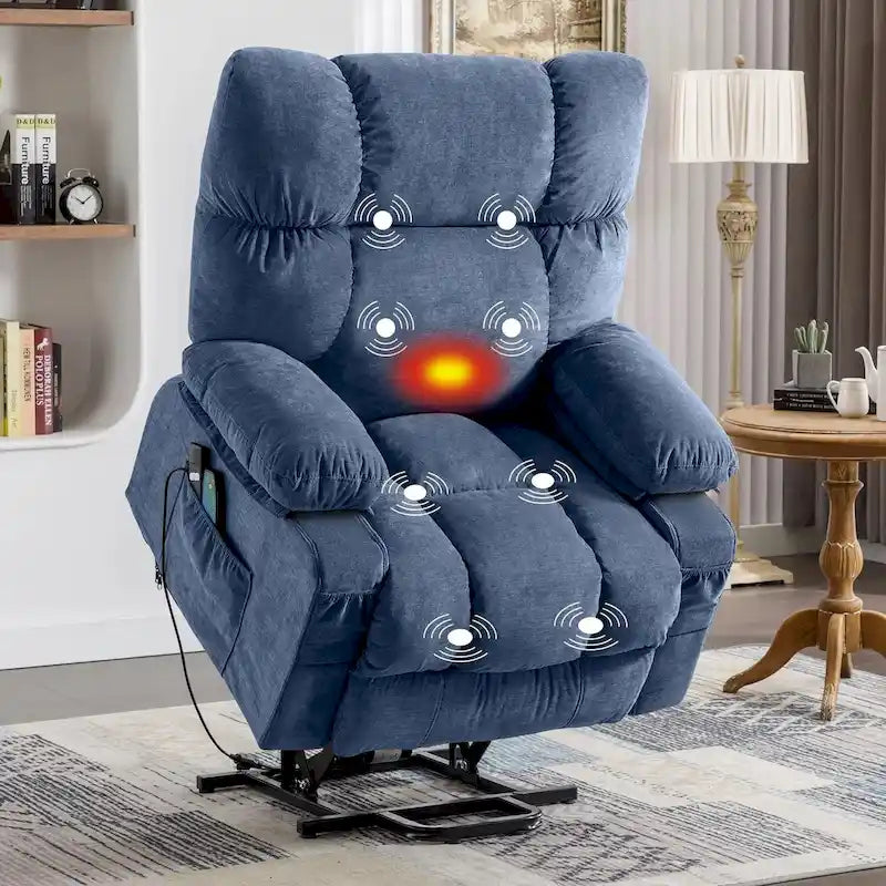 Fauteuil inclinable releveur électrique bleu avec chauffage, massage et port USB pour personnes âgées