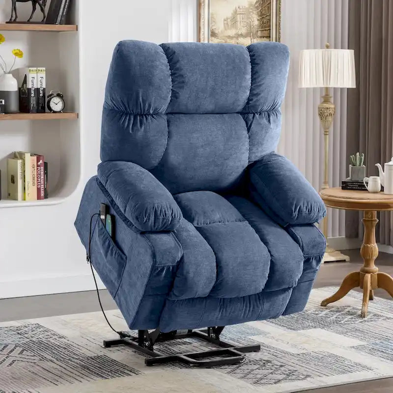 Fauteuil inclinable releveur électrique bleu avec chauffage, massage et port USB pour personnes âgées