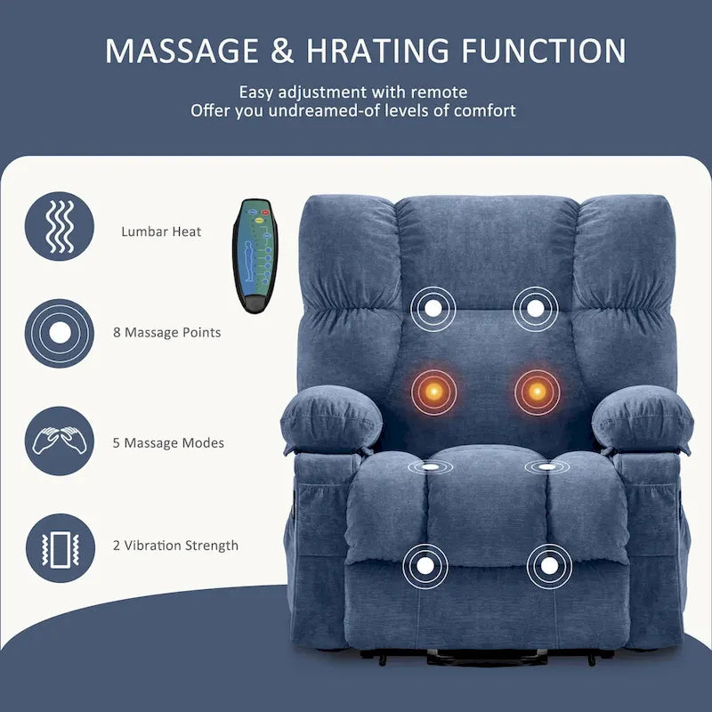 Fauteuil inclinable releveur électrique bleu avec chauffage, massage et port USB pour personnes âgées