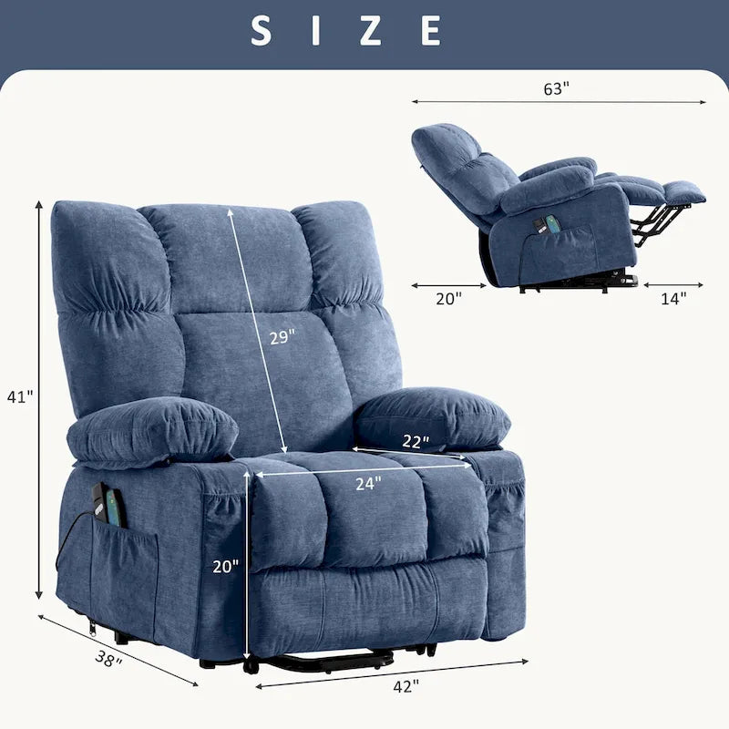 Fauteuil inclinable releveur électrique bleu avec chauffage, massage et port USB pour personnes âgées