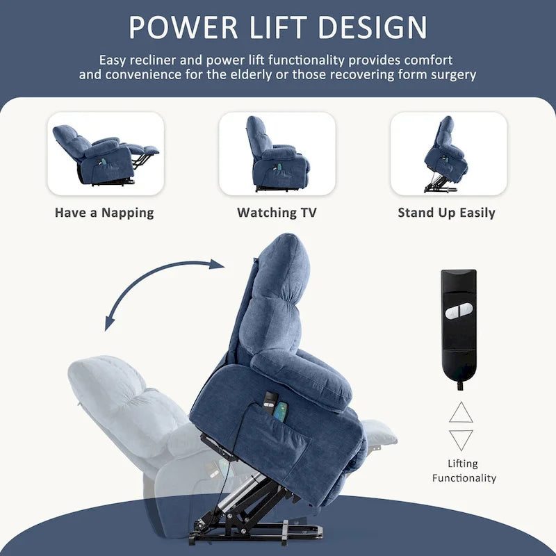 Fauteuil inclinable releveur électrique bleu avec chauffage, massage et port USB pour personnes âgées