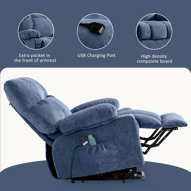 Fauteuil inclinable releveur électrique bleu avec chauffage, massage et port USB pour personnes âgées