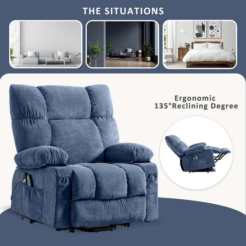 Fauteuil inclinable releveur électrique bleu avec chauffage, massage et port USB pour personnes âgées