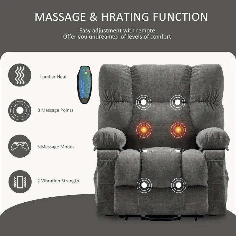 Fauteuil inclinable releveur électrique bleu avec chauffage, massage et port USB pour personnes âgées