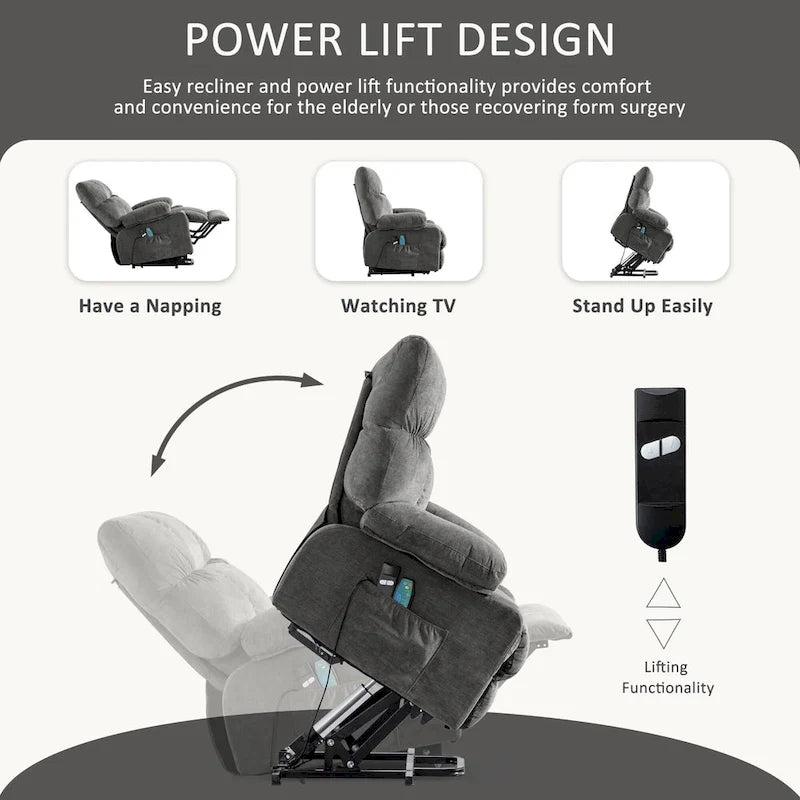 Fauteuil inclinable releveur électrique bleu avec chauffage, massage et port USB pour personnes âgées