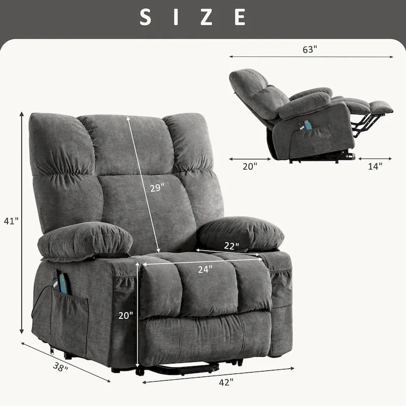 Fauteuil inclinable releveur électrique bleu avec chauffage, massage et port USB pour personnes âgées
