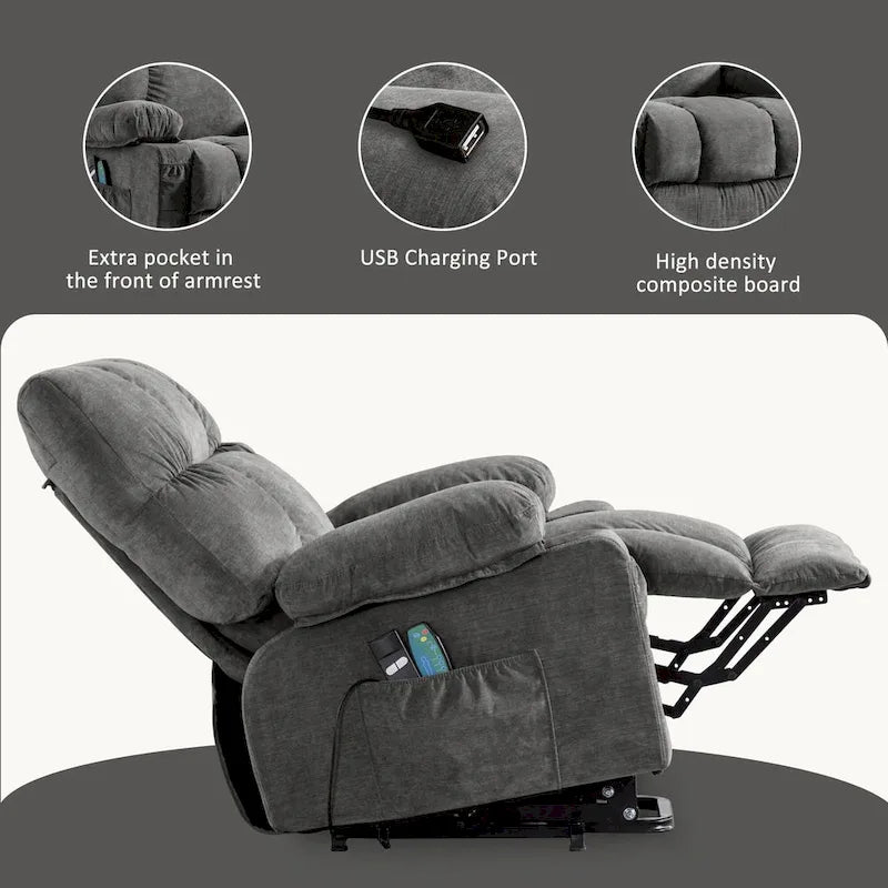 Fauteuil inclinable releveur électrique bleu avec chauffage, massage et port USB pour personnes âgées