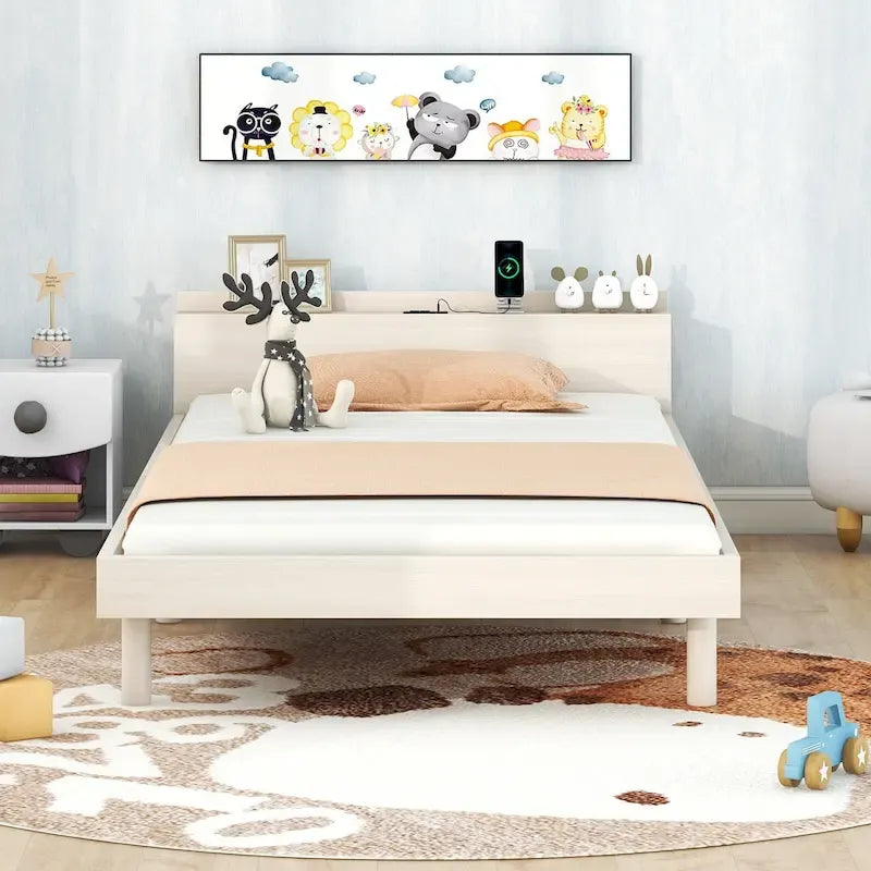 Lit plateforme jumeau avec port USB intégré | Finition bois blanchi, sans sommier