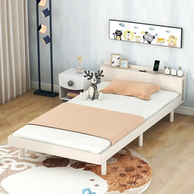 Lit plateforme jumeau avec port USB intégré | Finition bois blanchi, sans sommier