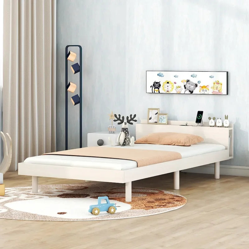Lit plateforme jumeau avec port USB intégré | Finition bois blanchi, sans sommier
