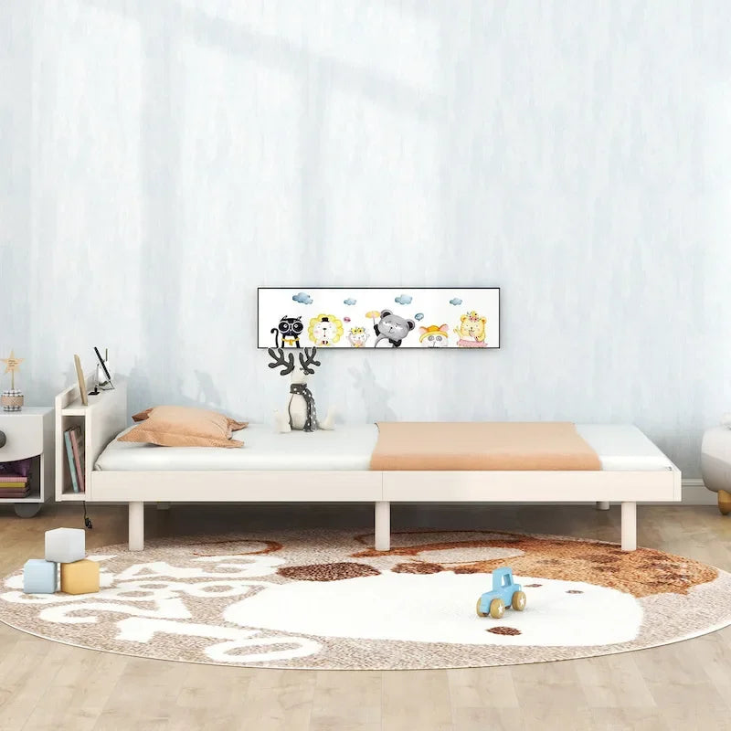 Lit plateforme jumeau avec port USB intégré | Finition bois blanchi, sans sommier