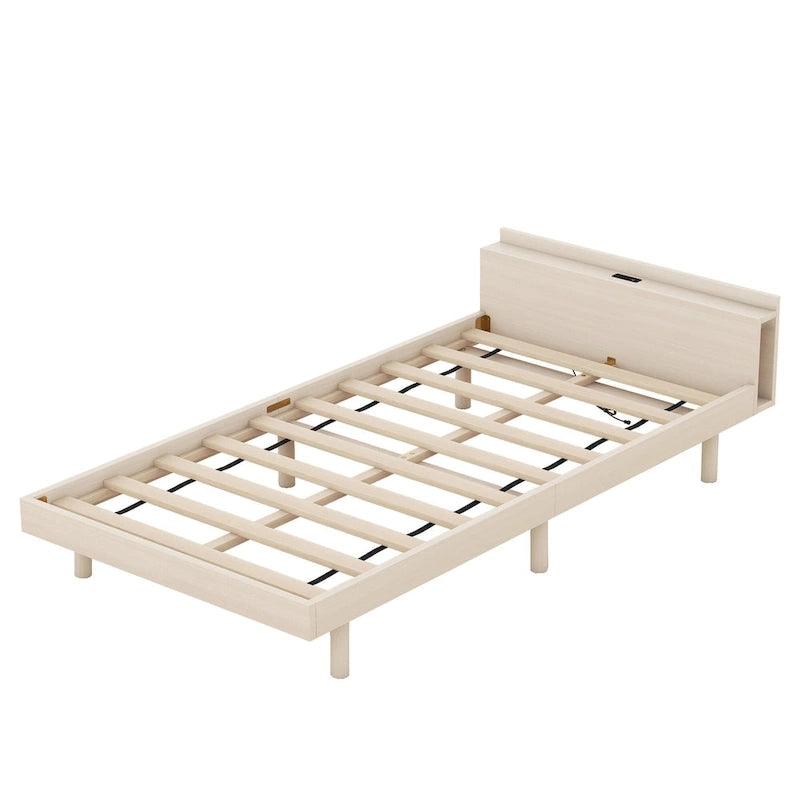 Lit plateforme jumeau avec port USB intégré | Finition bois blanchi, sans sommier