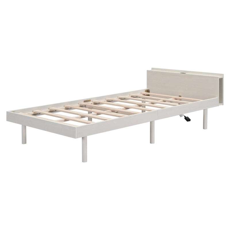 Lit plateforme jumeau avec port USB intégré | Finition bois blanchi, sans sommier