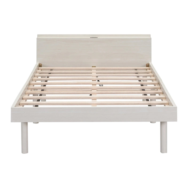 Lit plateforme jumeau avec port USB intégré | Finition bois blanchi, sans sommier