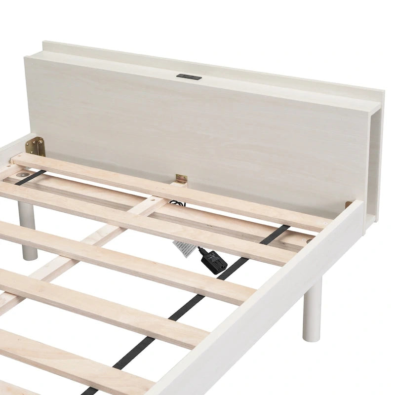 Lit plateforme jumeau avec port USB intégré | Finition bois blanchi, sans sommier