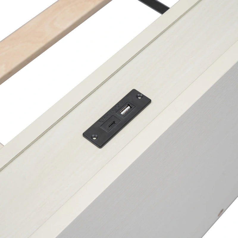 Lit plateforme jumeau avec port USB intégré | Finition bois blanchi, sans sommier