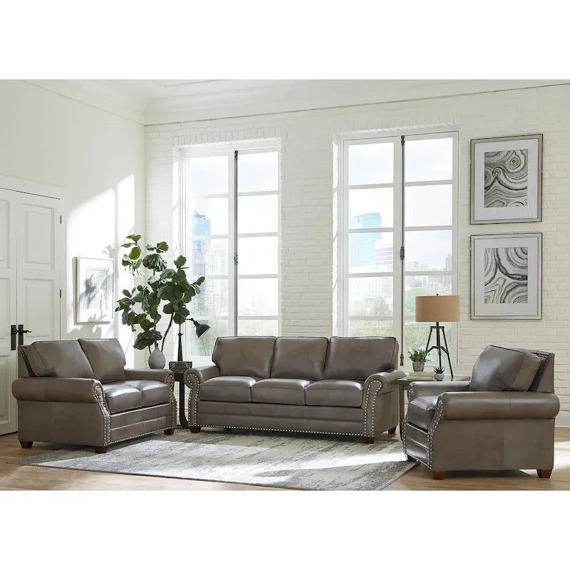Ensemble canapé, causeuse et fauteuil en cuir pleine fleur | Fabriqué aux États-Unis | Ressorts en S, pieds en noyer