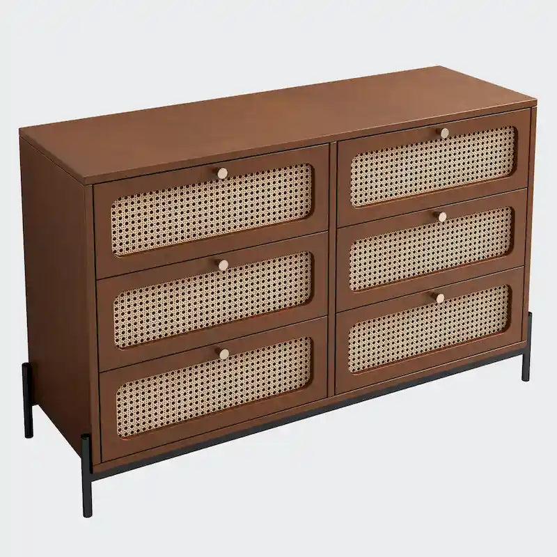 Commode 6 tiroirs en rotin | Style bohème | MDF et pieds en métal, finition noire ou noyer