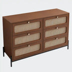 Commode 6 tiroirs en rotin | Style bohème | MDF et pieds en métal, finition noire ou noyer