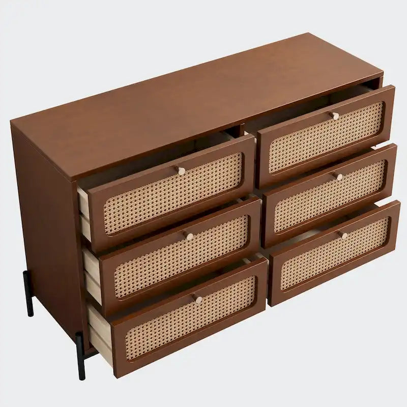 Commode 6 tiroirs en rotin | Style bohème | MDF et pieds en métal, finition noire ou noyer