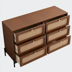 Commode 6 tiroirs en rotin | Style bohème | MDF et pieds en métal, finition noire ou noyer